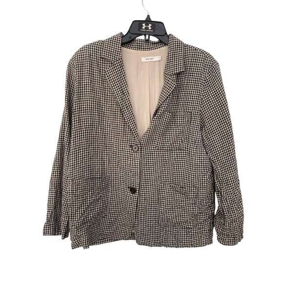 Mod Ref Gingham Blazer Jacket Size Medium Linen Black Cream Office Work Business - Picture 1 of 6